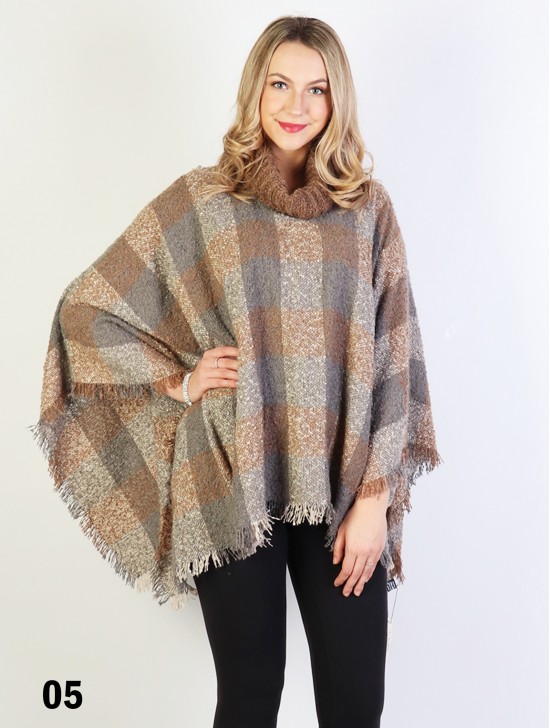 Loose Neck Poncho W/ Plaid